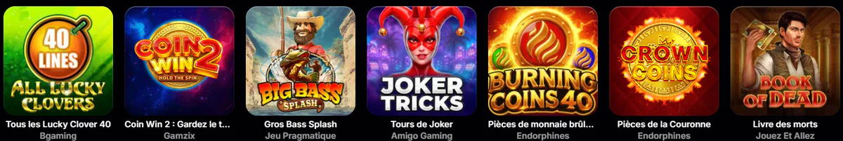NV Casino sélection de machines à sous avec All Lucky Clovers 40, Coin Win 2, Big Bass Splash, Joker Tricks, Burning Coins 40 et Book of Dead